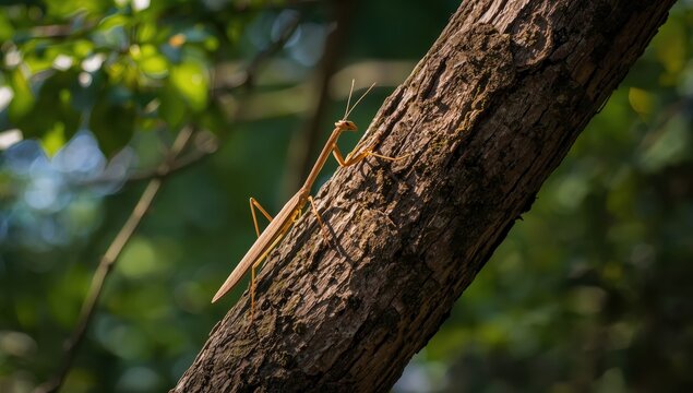 Walking stick insects, also called phasmids, blend into trees. Focused shot, empty background.