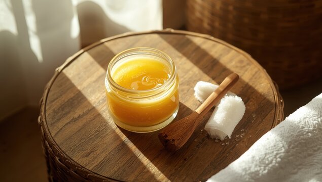 Hair removal sugar paste on a stick. Mixing in a glass jar on woven material. A waxing substitute.
