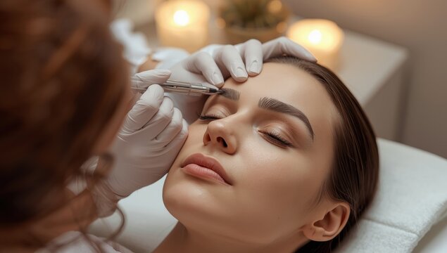 A cosmetologist meticulously shapes a client's eyebrows through microblading in a contemporary beauty studio using sterile tools.