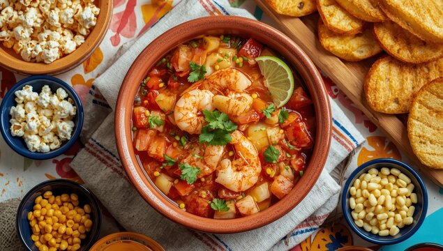 Ecuador's shrimp ceviche is a favored cold soup featuring shrimp, fresh tomato, lime, and orange juice, accompanied by fried plantains, popcorn, and toasted corn.