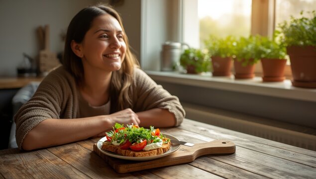 Joyful woman enjoying gluten-free crisp bread topped with creamy tofu cheese, cherry tomato, and arugula microgreens, gazing out the window at home. Healthy eating, diet idea.