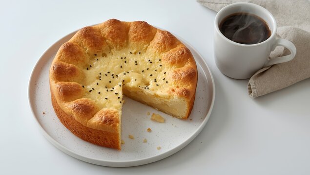 Cottage cheese pie with poppy seeds on a white plate. Syrnik, quark dessert. Classic cake. Prepared for serving. Culinary idea.