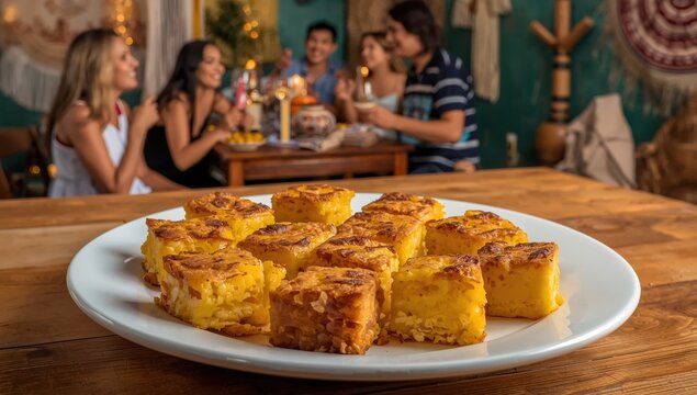 Sopa paraguaya, a traditional dish, features cornmeal, eggs, onions, and cheese on a white plate. The corn bread is cut into small pieces, ideal for sharing at gatherings.