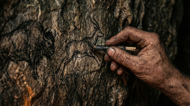 Close-up of a dirty hand drawing prehistoric cave art on a rock wall. Ancient human using charcoal to sketch animals. Paleolithic history and archaeology concept
