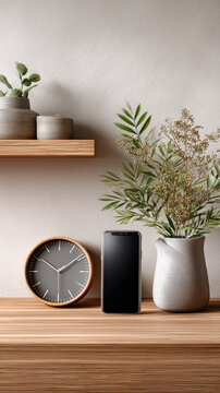 Wooden surface displaying a smartphone with a neutral screen, a minimalist clock, and green plants, symbolizing a commitment to digital detox and focusing on well being and a calm environment