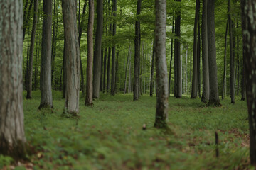 Fototapeta premium Beautiful Forest with Tall Trees and Lush Greenery, Creating a Peaceful Natural Landscape