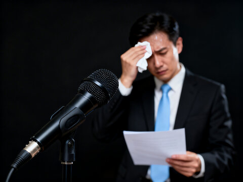 Nervous businessman wiping sweat during public speaking, stressed male speaker with microphone, anxious presenter holding speech notes isolated on White Background