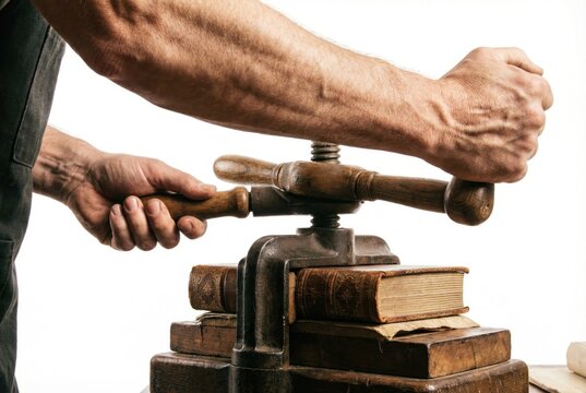 Bookbinder hands firmly turning the wooden handle of a heavy antique cast iron press to flatten an old book