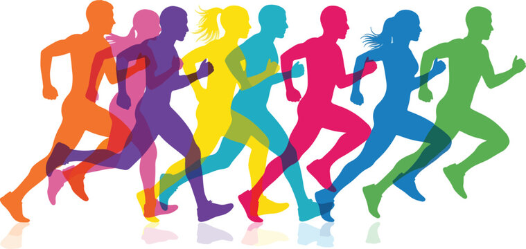 Colorful running silhouettes in motion, vibrant marathon runners group vector, dynamic athletic people sprinting, multi-colored jogging figures for sports design