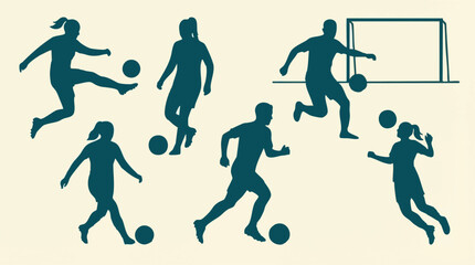Soccer player silhouettes: male and female athletes in action with balls and goal © CURVARA