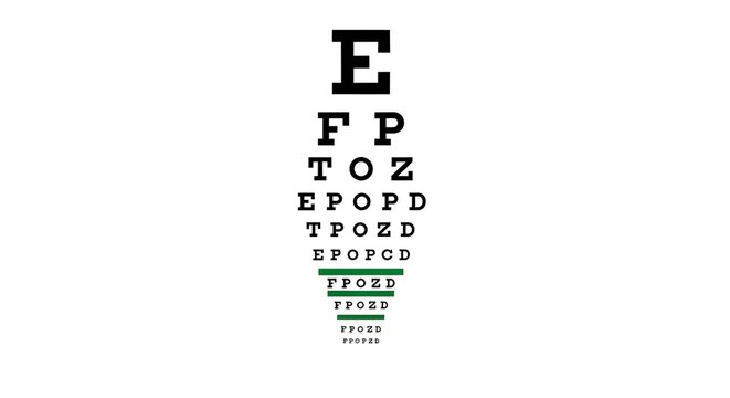 An eye chart, commonly used for vision testing and eye exams. The chart features several rows of letters, decreasing in size.
