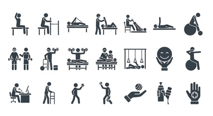 Obraz premium Collection of healthcare and physical therapy icons representing rehabilitation, exercise, and wellness
