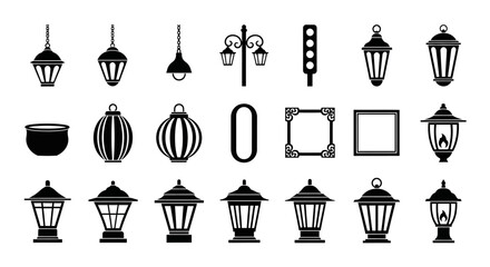 Collection of various outdoor lantern and street lamp designs in black and white vector illustrations © charli