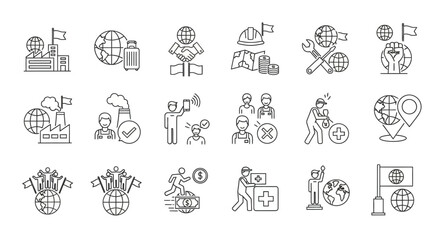 Fototapeta premium Global Social Responsibility and International Cooperation Line Icons - Addressing World Challenges, Economic Impact, and Humanitarian Aid Efforts