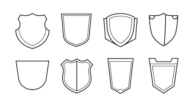 Elegant line art collection of eight unique shield icons, symbolizing strength, security, and digital safeguard design