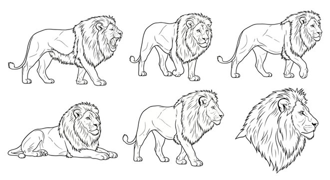 Collection of six distinct lion illustrations in various poses, showcasing the majestic feline in black and white line art