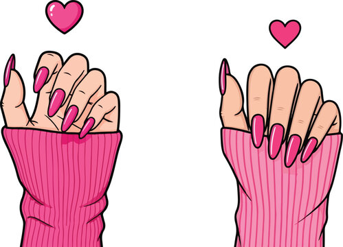 Pink nails, manicured hands, heart accents, fashion illustration, beauty elements