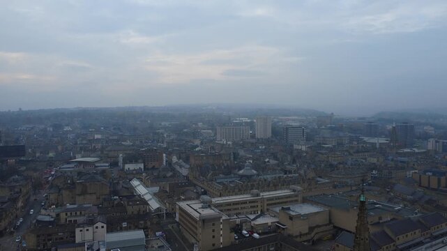 aerial view of the town of Halifax in West Yorkshire showing the town centre on a misty autumn day