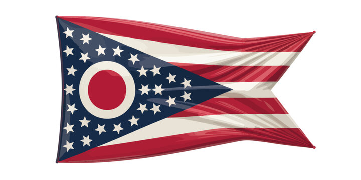 Waving Ohio State Flag Illustration with Red White and Blue Stripes, Stars and Circular Emblem Isolated on Transparent