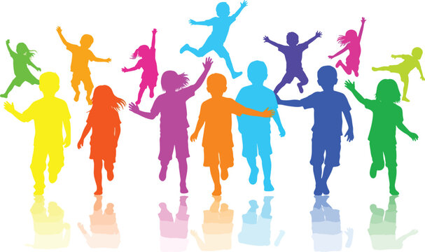 Colorful children silhouettes jumping and running, happy kids group playing together, vibrant multi-colored youth vector illustration for school and education