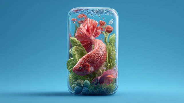 Colorful fish swimming in a vibrant aquarium. natural biotech innovation, organic wellness, environmental health