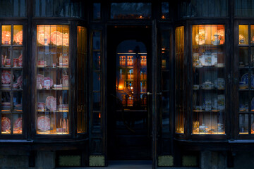 A dark storefront with lit display cases filled with colorful plates and cups at night