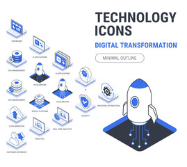 Plakat Outline technology icons set for Digital Transformation workflow diagram - AI and data, analytics, security, dashboard, platform, applications, process optimization - Minimal isometric vector isolated
