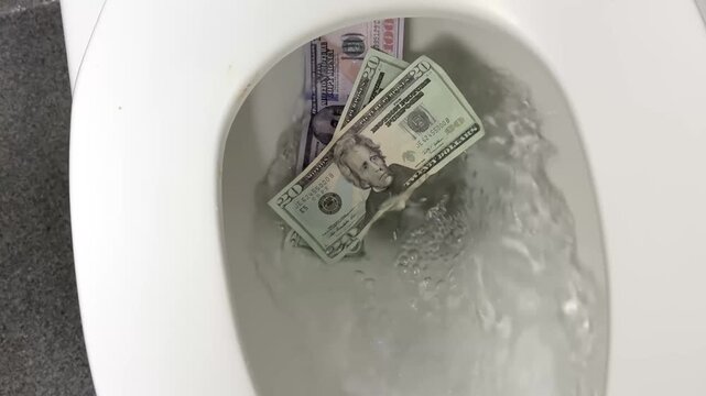 US dollar bills floating in a toilet bowl, symbolizing wasteful spending, financial loss, or poor money management decisions. Strong visual metaphor. Prop cash. 15111