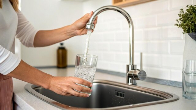 Close-up of hand pouring clean water in kitchen. Transparency, freshness and filtration. Idea of ​​home comfort and sustainable lifestyle.