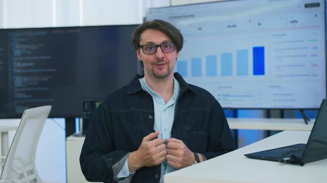 Smart programmer architect explains AI agent workflow in online meeting, showcasing new paradigm shift disrupting modern business through intelligent automation and digital transformation.