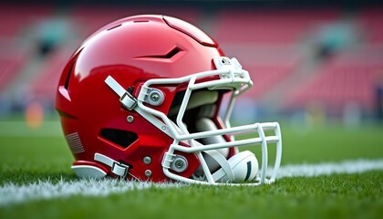 Fototapeta premium A red American football helmet rests on the green grass of a stadium field. The background shows empty stadium seats, emphasizing the focus on the helmet.