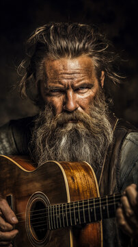 close-up of a rugged outlaw country singer with intense defiant expression, scruffy beard, sweat and grit, dramatic lighting, holding guitar
