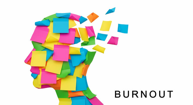 Human head profile made of colorful sticky notes exploding symbolizing mental burnout and stress its illustration only