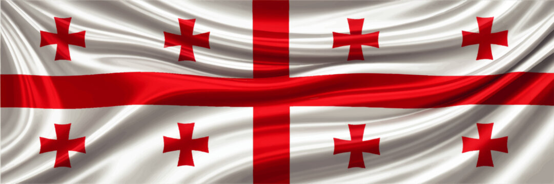 Waving Georgia national flag with red crosses on silk fabric, detailed patriotic banner texture and realistic country symbol