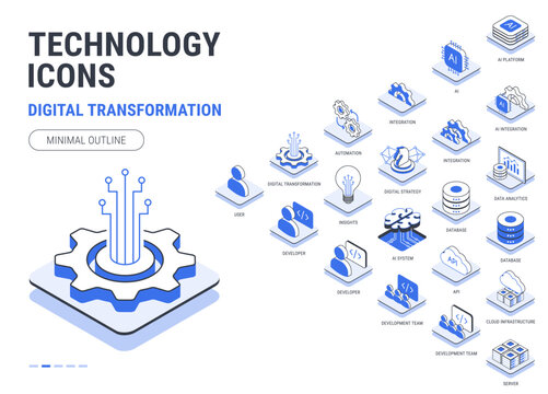 Outline technology icons set for Digital Transformation workflow diagram - Minimal line - AI, data integration, automation, analytics, API cloud, server, database - high quality isometric vector