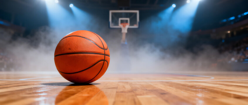 Professional basketball on hardwood court, orange leather basketball in indoor arena, competitive sports stadium with dramatic smoke and spotlights isolated on White Background