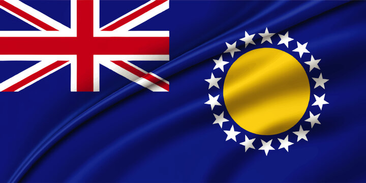 Waving Flag of Cook Islands with Union Jack, Blue Field, Yellow Circle and White Stars, National Symbol Background Illustration