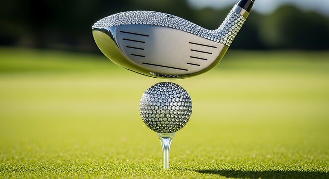 Golf club about to strike a bedazzled ball on a tee, close up on green grass