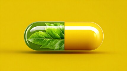 Vitamin capsule with green leaf on yellow background. natural biotech innovation, organic wellness, environmental health