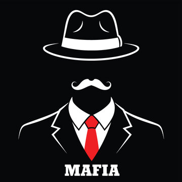 Vector illustration vector illustration of mafia man with hat and mustache in black and white