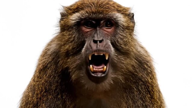 Front view of a brown macaque monkey sitting on its haunches with its mouth wide open in a scream or yawn, showing teeth and fangs, isolated on a plain white background.