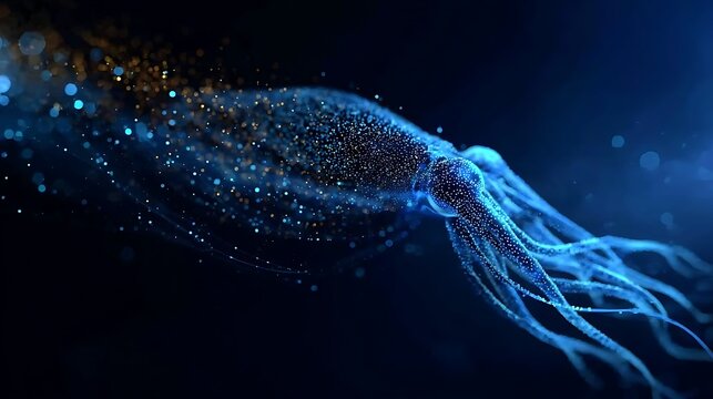 A mesmerizing, artistic rendition of a luminous squid swimming through deep waters. The image captures the essence of aquatic life and the wonders of the ocean
