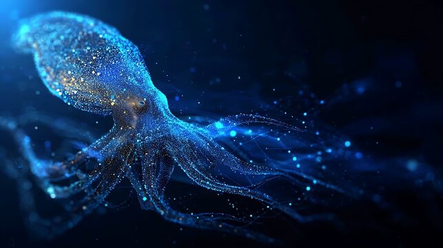 A mesmerizing ethereal octopus glowing in the dark ocean depths, with luminous particles floating around it