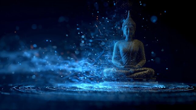 A serene Buddha statue in a meditative state, surrounded by ethereal blue light and sparkling particles