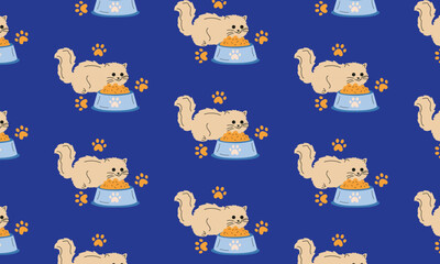 Obraz premium Cat Eating from Bowl Pattern, Adorable Pet Food Illustration for Background