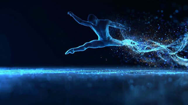 A dynamic illustration of a person in mid-air, surrounded by flowing energy, representing movement and dynamism.