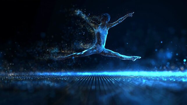 A dancer in mid-air performing a graceful leap, illuminated by streaks of light