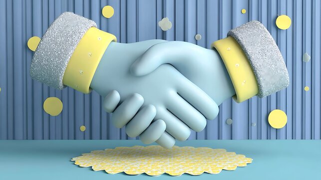 Two hands, depicted in soft pastel colors, are clasped together in a handshake
