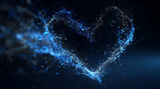 Abstract digital heart shape composed of shimmering particles in blue and white colors