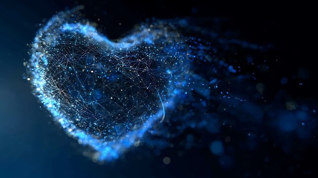 A digital depiction of a heart composed of connected dots and glowing particles, symbolizing technology and connection. This image embodies abstract concepts of interconnectedness and love